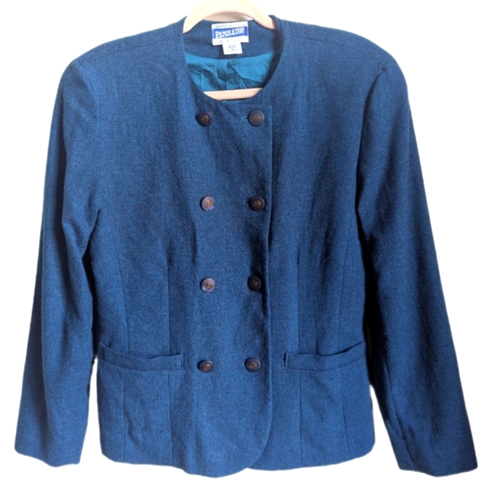 PENDLETON VINTAGE Blue Wool Academia Classic Double Breasted Blazer Size Large